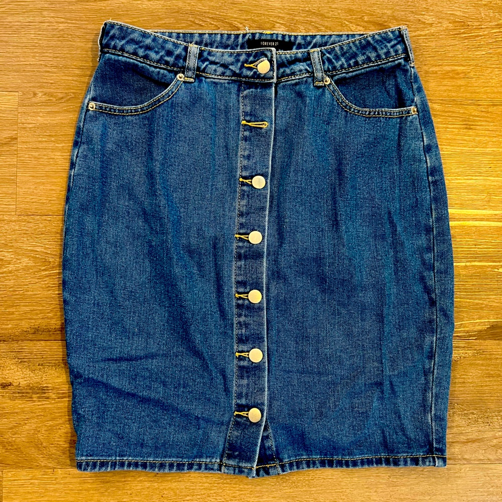 Button up, denim bodycon skirt, knee-length